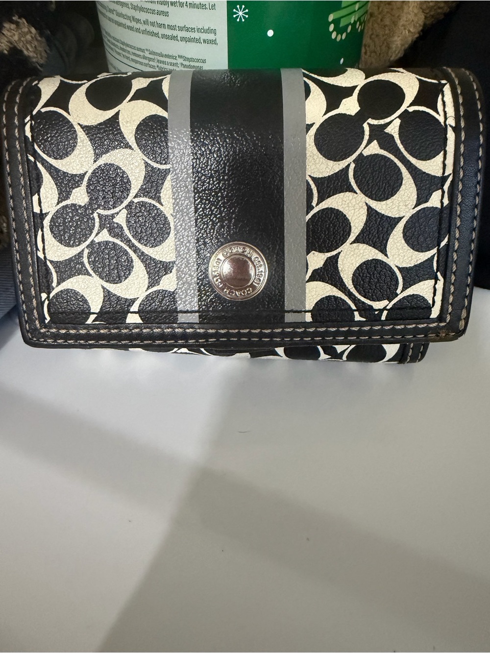 Coach Black and Cream Signature Stripe Snap Wallet